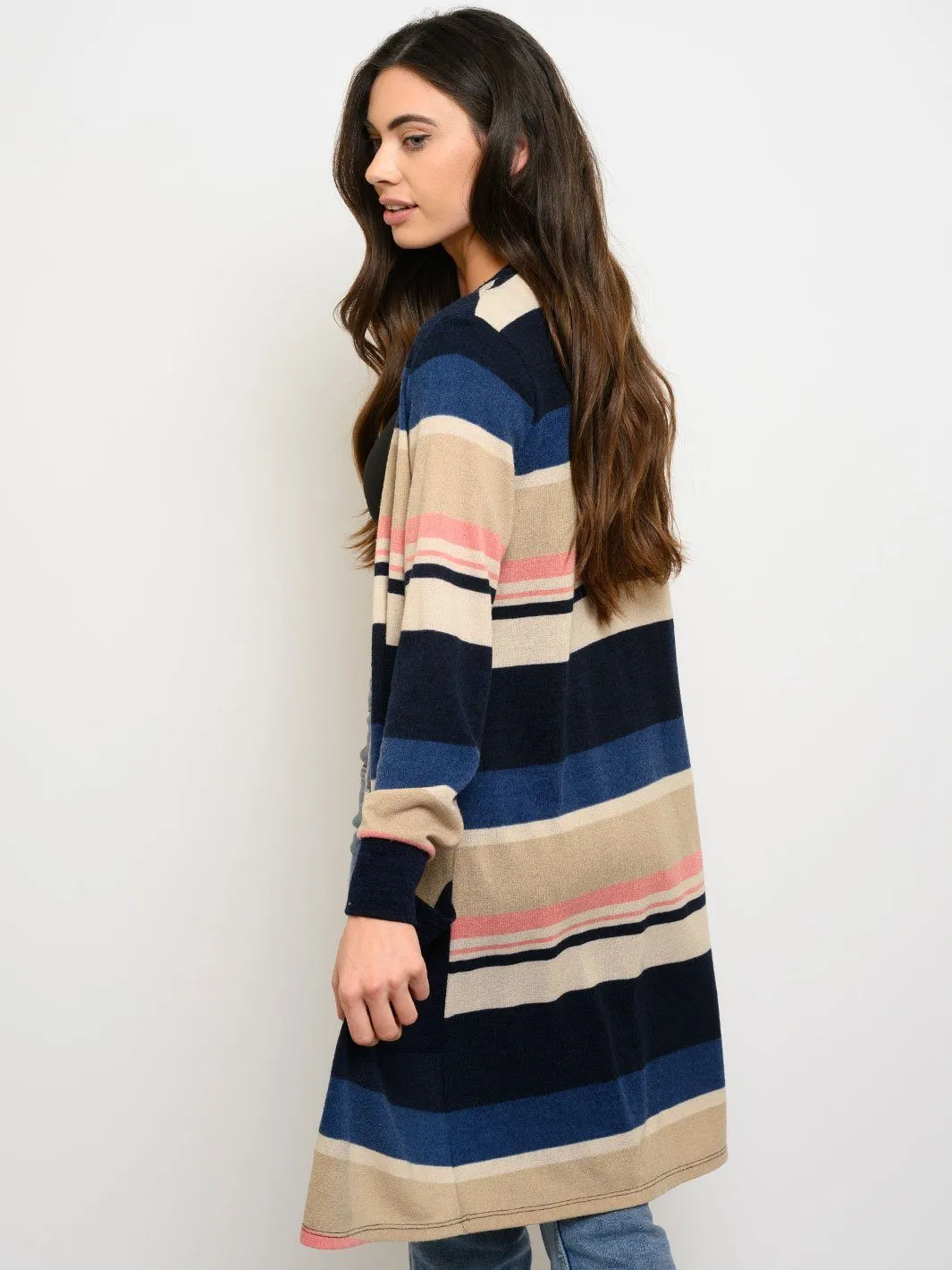 WOMEN'S LONG SLEEVE STRIPES POCKETS CARDIGAN