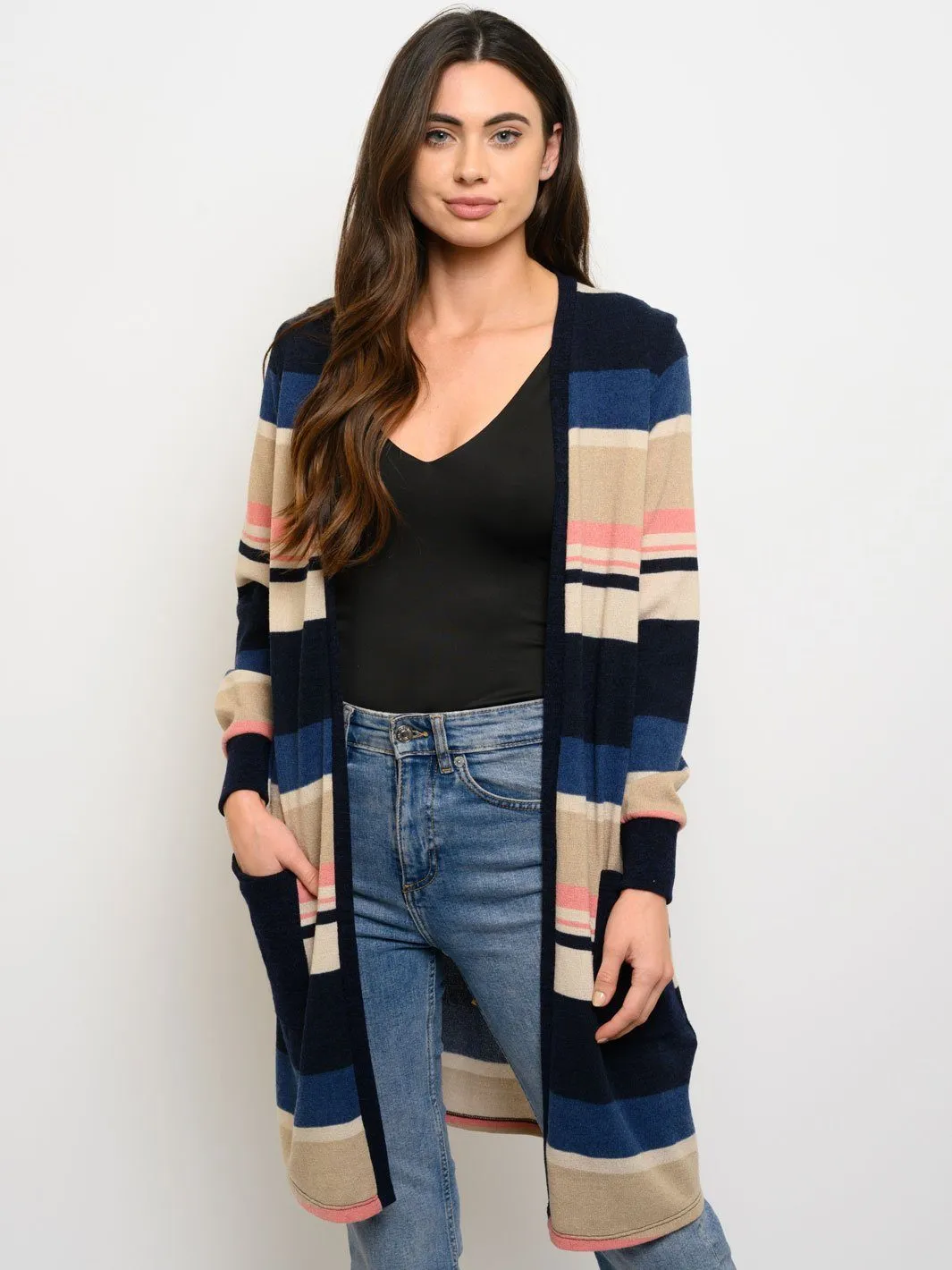 WOMEN'S LONG SLEEVE STRIPES POCKETS CARDIGAN