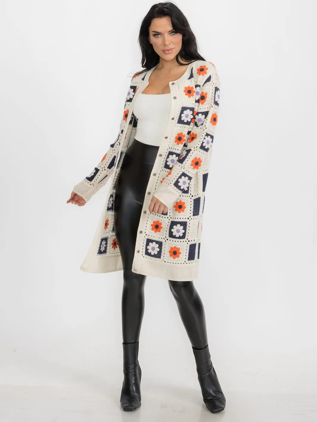 WOMEN'S LONG SLEEVES BUTTON CLOSURE KNIT FLORAL CARDIGAN