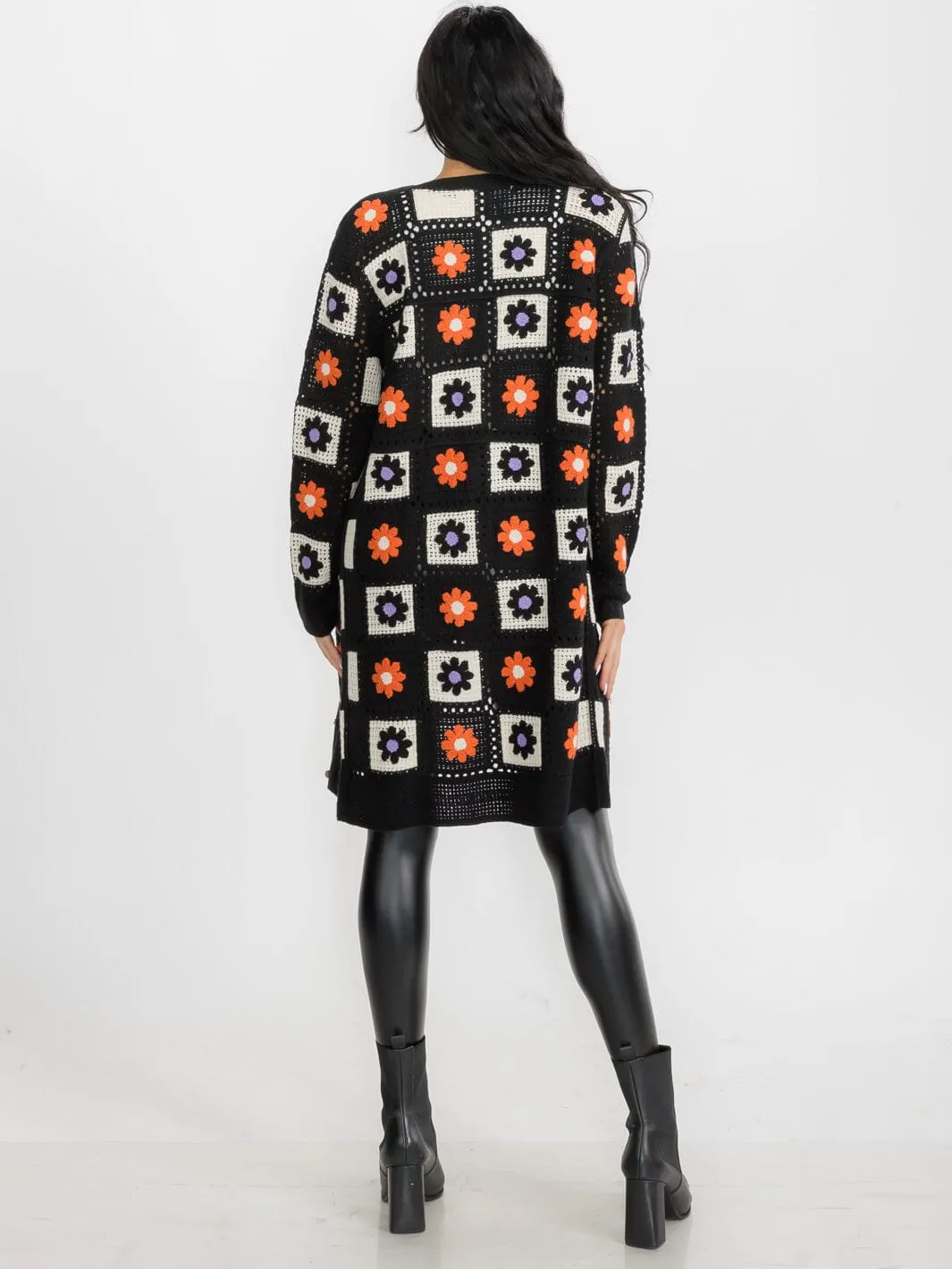 WOMEN'S LONG SLEEVES BUTTON CLOSURE KNIT FLORAL CARDIGAN