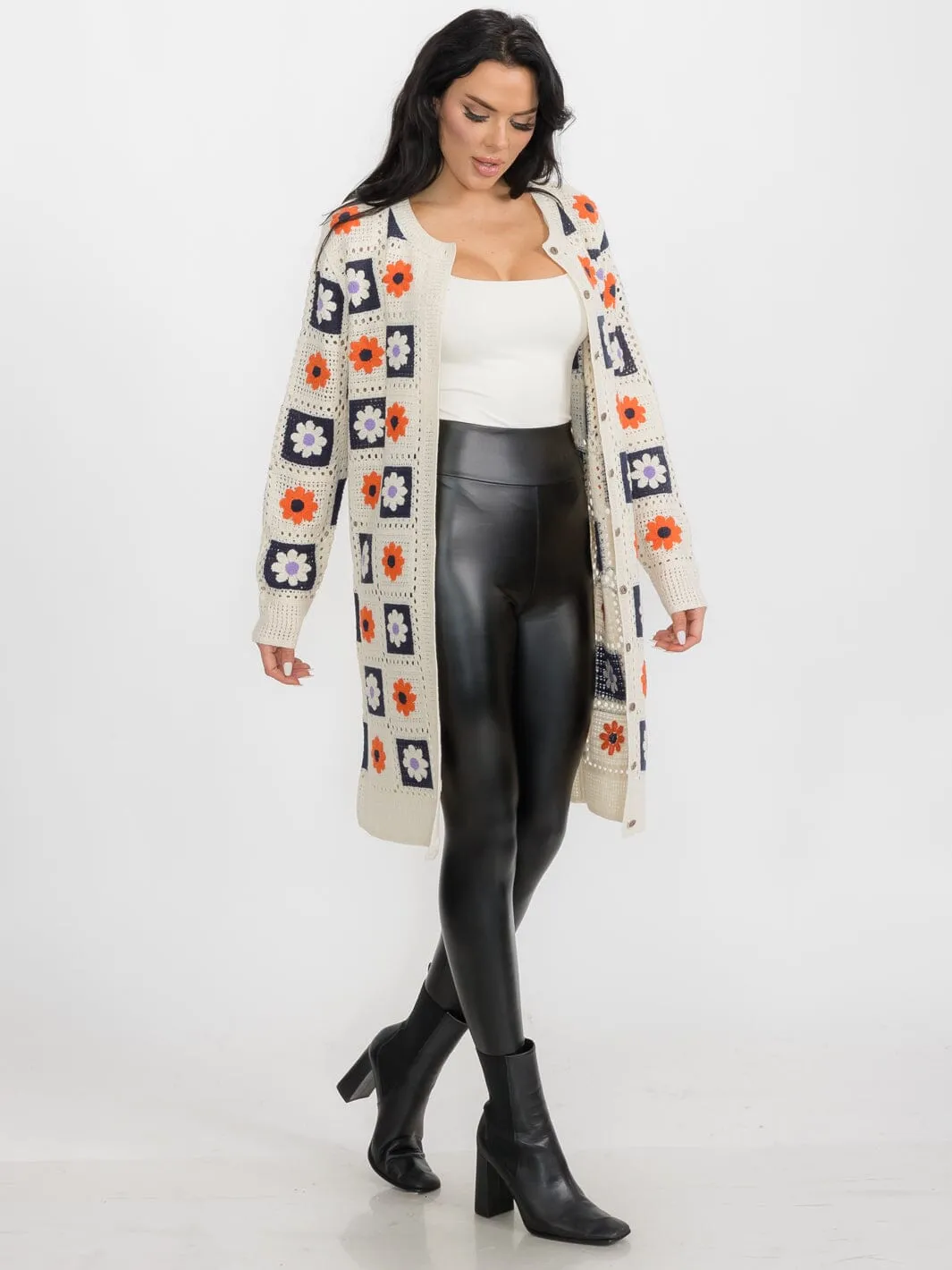 WOMEN'S LONG SLEEVES BUTTON CLOSURE KNIT FLORAL CARDIGAN