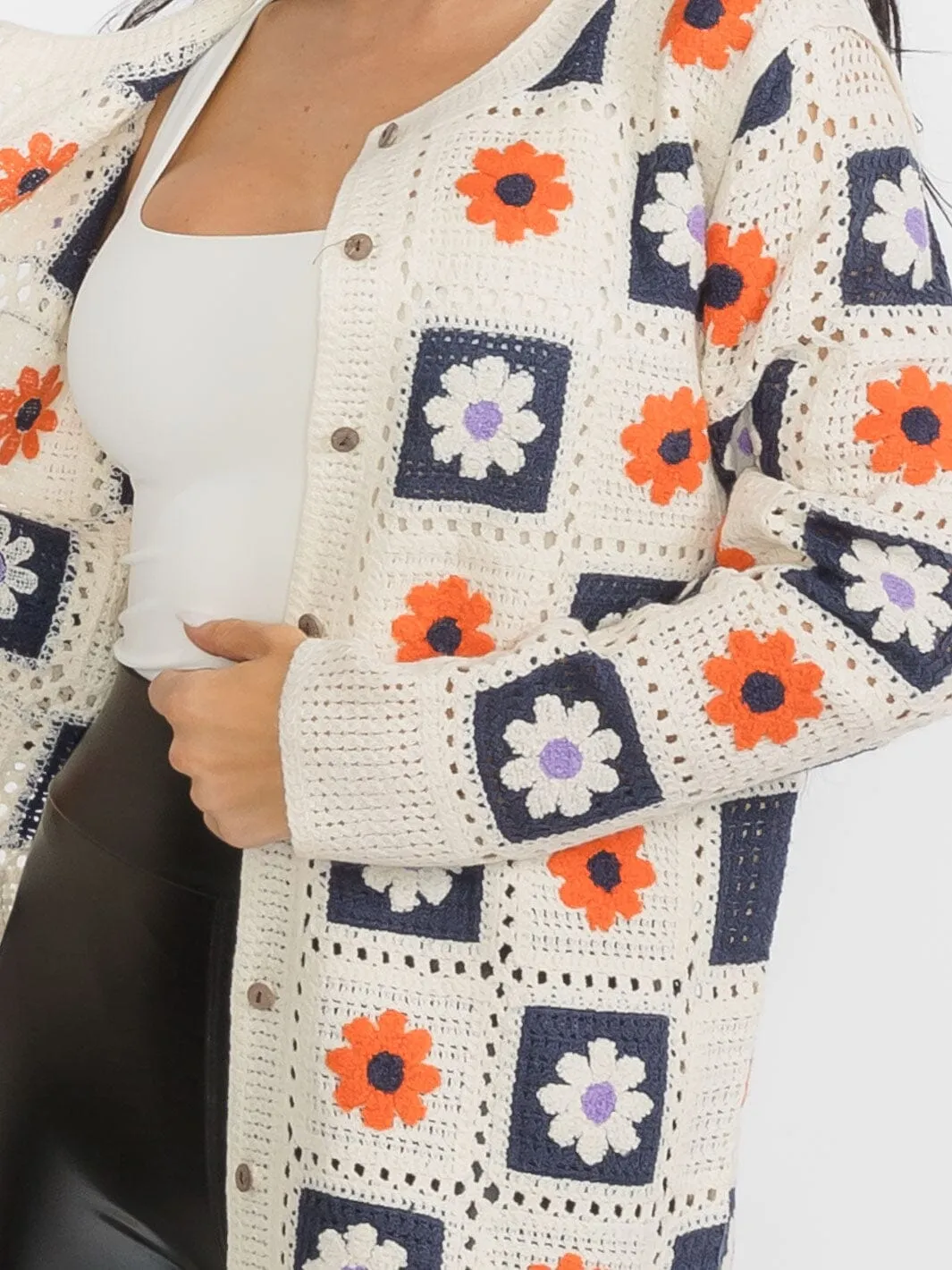 WOMEN'S LONG SLEEVES BUTTON CLOSURE KNIT FLORAL CARDIGAN
