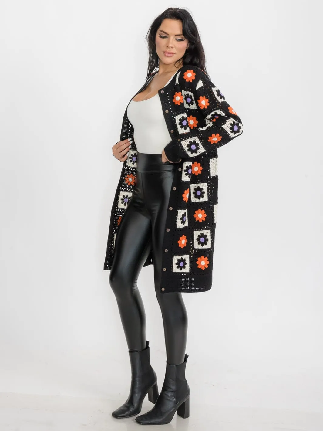 WOMEN'S LONG SLEEVES BUTTON CLOSURE KNIT FLORAL CARDIGAN