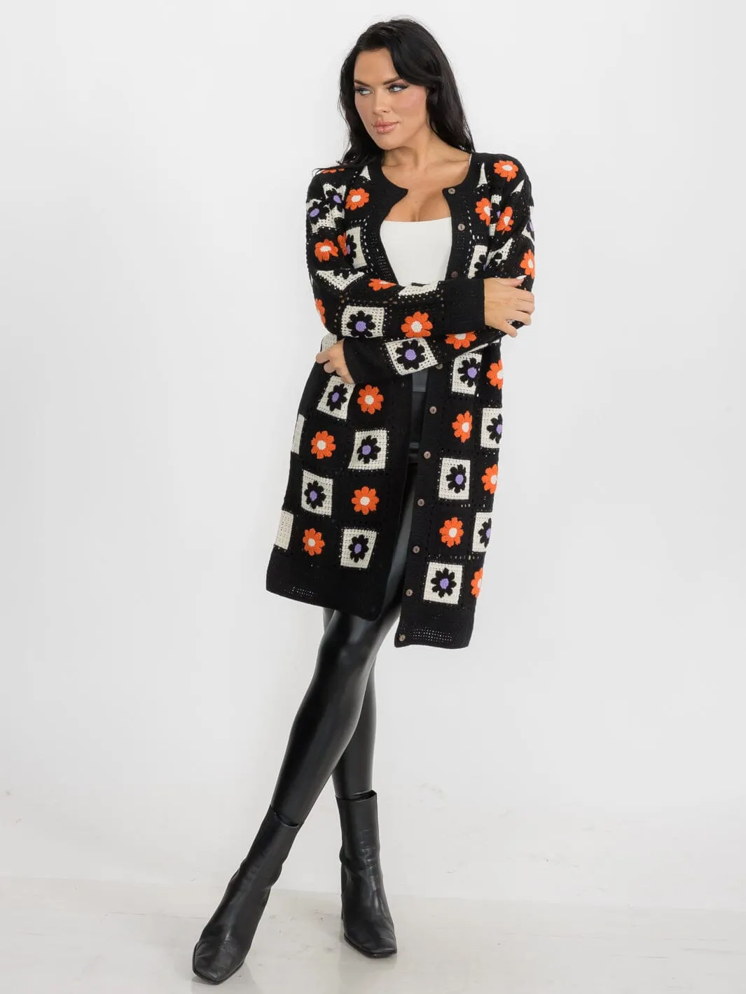 WOMEN'S LONG SLEEVES BUTTON CLOSURE KNIT FLORAL CARDIGAN