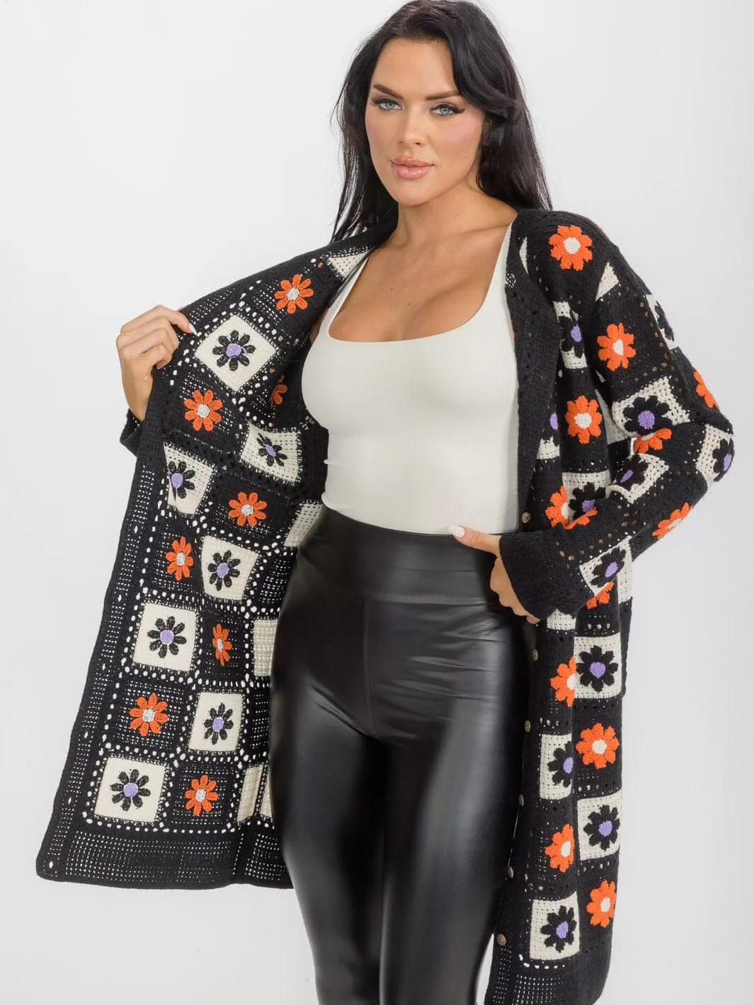 WOMEN'S LONG SLEEVES BUTTON CLOSURE KNIT FLORAL CARDIGAN