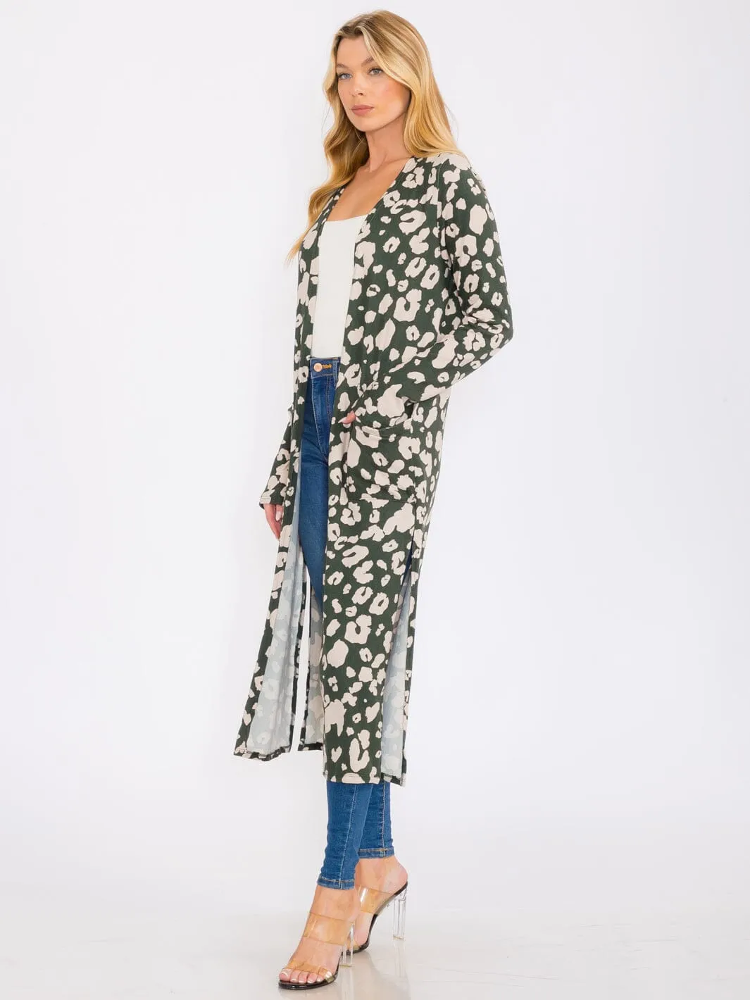 WOMEN'S LONG SLEEVES OPEN FRONT POCKETS ANIMAL PRINT CARDIGAN