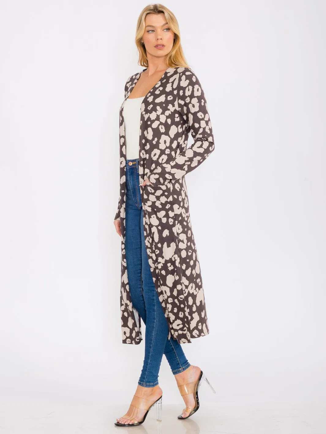 WOMEN'S LONG SLEEVES OPEN FRONT POCKETS ANIMAL PRINT CARDIGAN