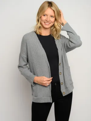 WOMEN'S RIBBED LONG SLEEVE BUTTON CLOSURE POCKETS CARDIGAN