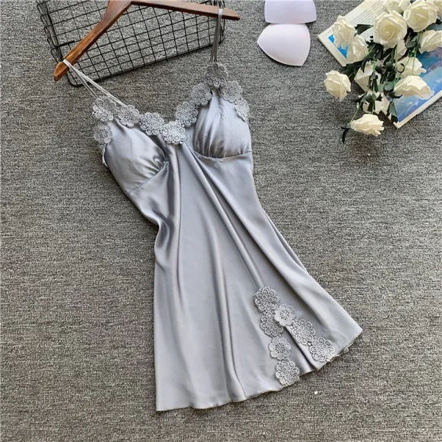 Women's Sexy Lingerie Silk Nightgown Summer Dress Lace Night Dress Sleepwear Babydoll Nightie Satin Homewear Chest Pad