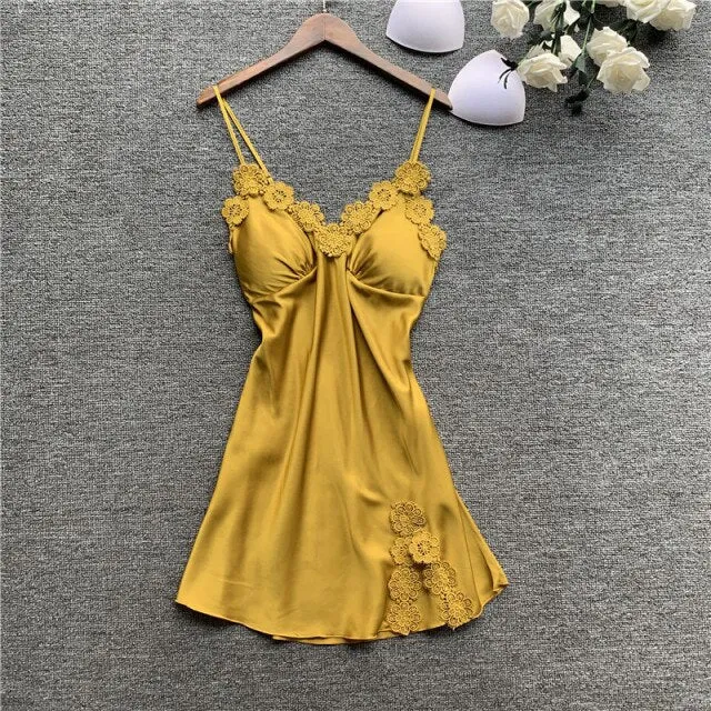 Women's Sexy Lingerie Silk Nightgown Summer Dress Lace Night Dress Sleepwear Babydoll Nightie Satin Homewear Chest Pad