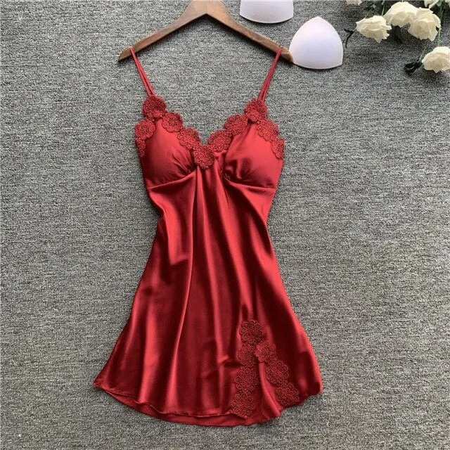 Women's Sexy Lingerie Silk Nightgown Summer Dress Lace Night Dress Sleepwear Babydoll Nightie Satin Homewear Chest Pad