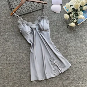 Women's Sexy Lingerie Silk Nightgown Summer Dress Lace Night Dress Sleepwear Babydoll Nightie Satin Homewear Chest Pad