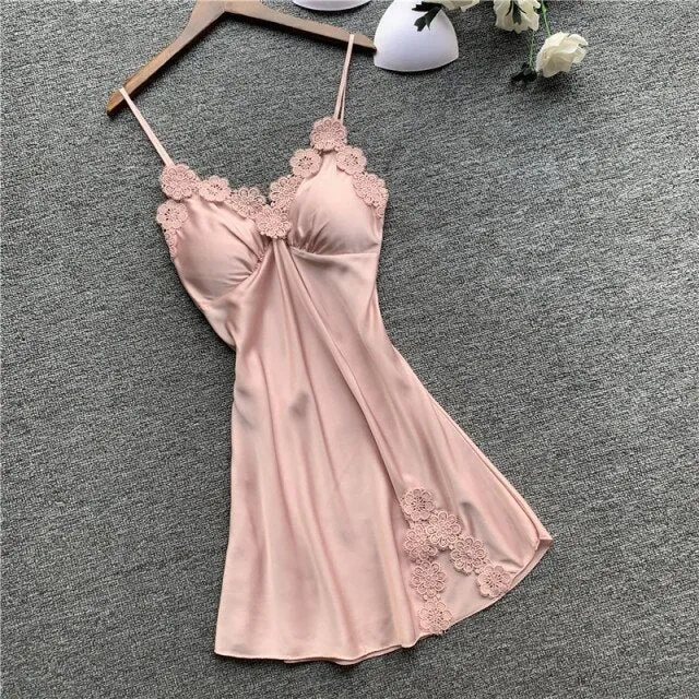 Women's Sexy Lingerie Silk Nightgown Summer Dress Lace Night Dress Sleepwear Babydoll Nightie Satin Homewear Chest Pad