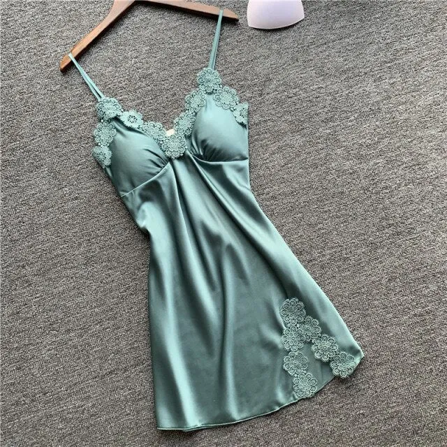 Women's Sexy Lingerie Silk Nightgown Summer Dress Lace Night Dress Sleepwear Babydoll Nightie Satin Homewear Chest Pad