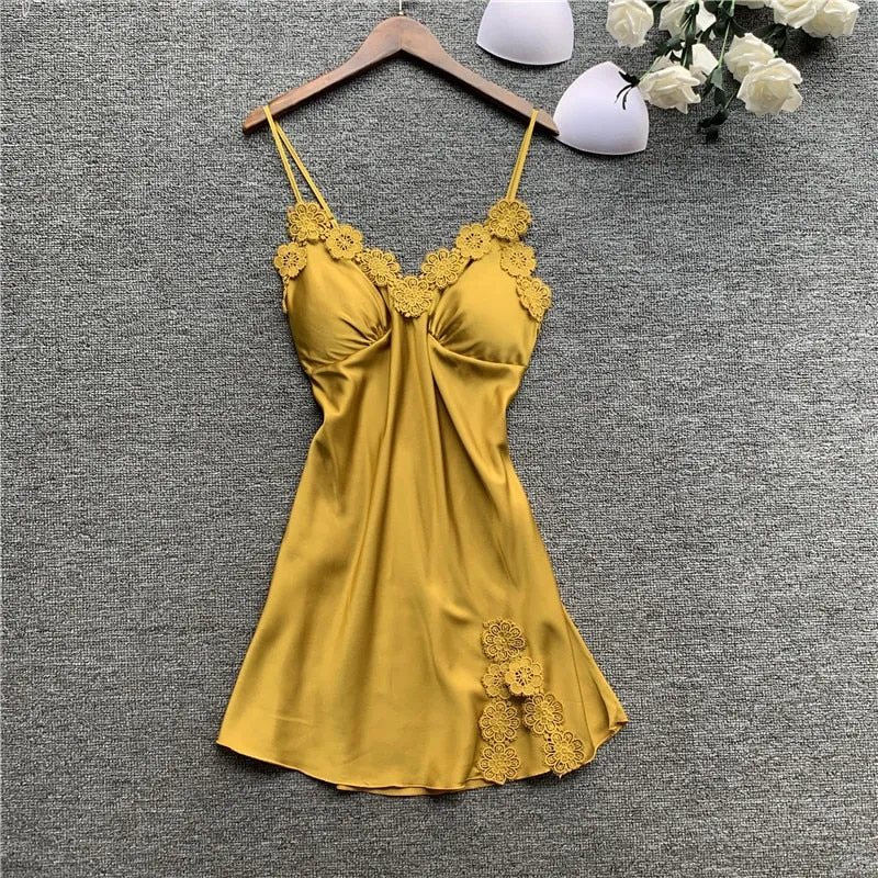 Women's Sexy Lingerie Silk Nightgown Summer Dress Lace Night Dress Sleepwear Babydoll Nightie Satin Homewear Chest Pad