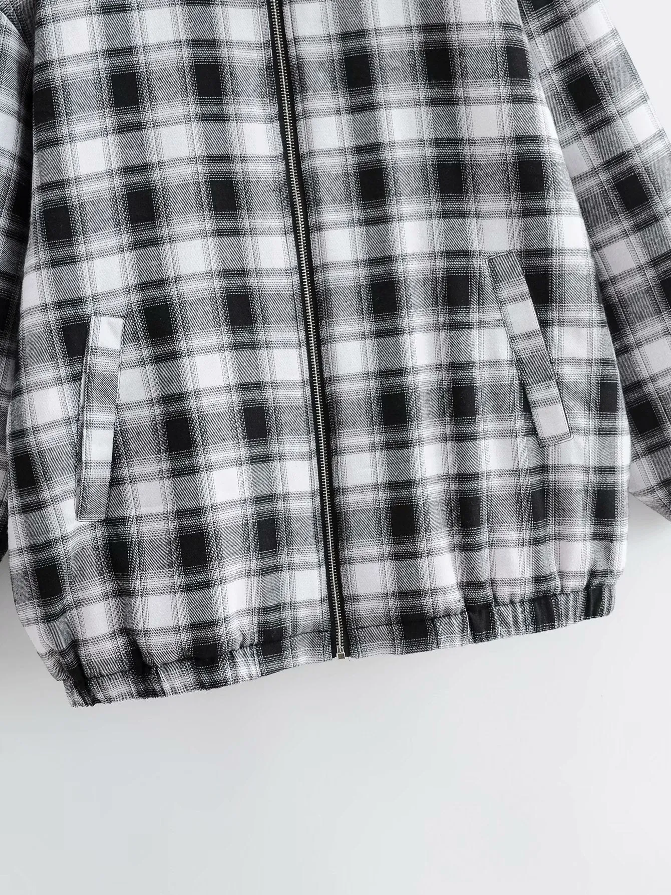 Zipper Stand Collar Geometry Plaid Elastic Sleeves Outerwear