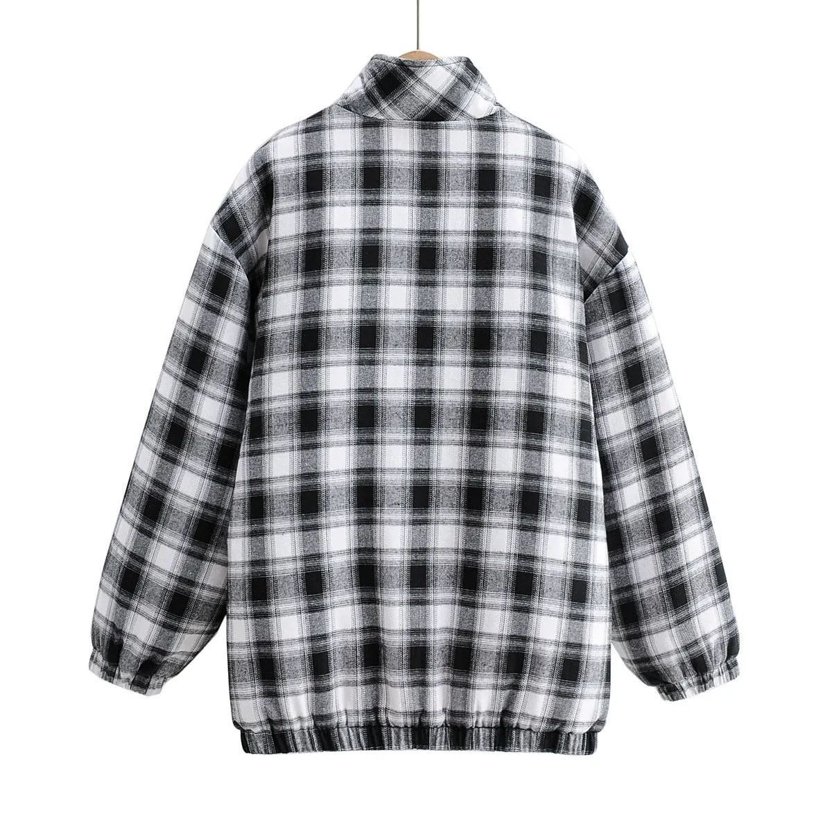 Zipper Stand Collar Geometry Plaid Elastic Sleeves Outerwear