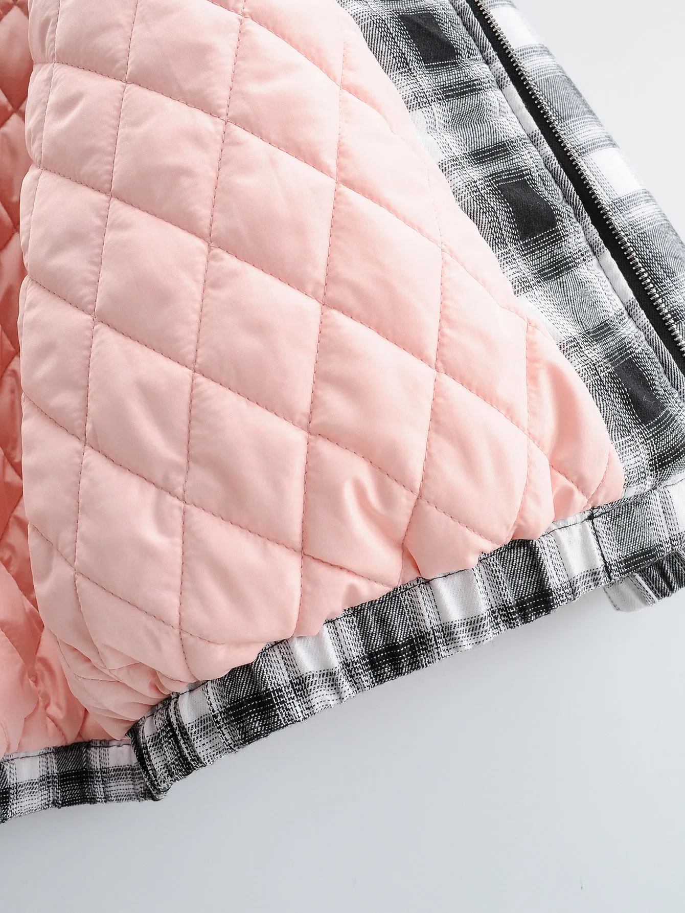 Zipper Stand Collar Geometry Plaid Elastic Sleeves Outerwear