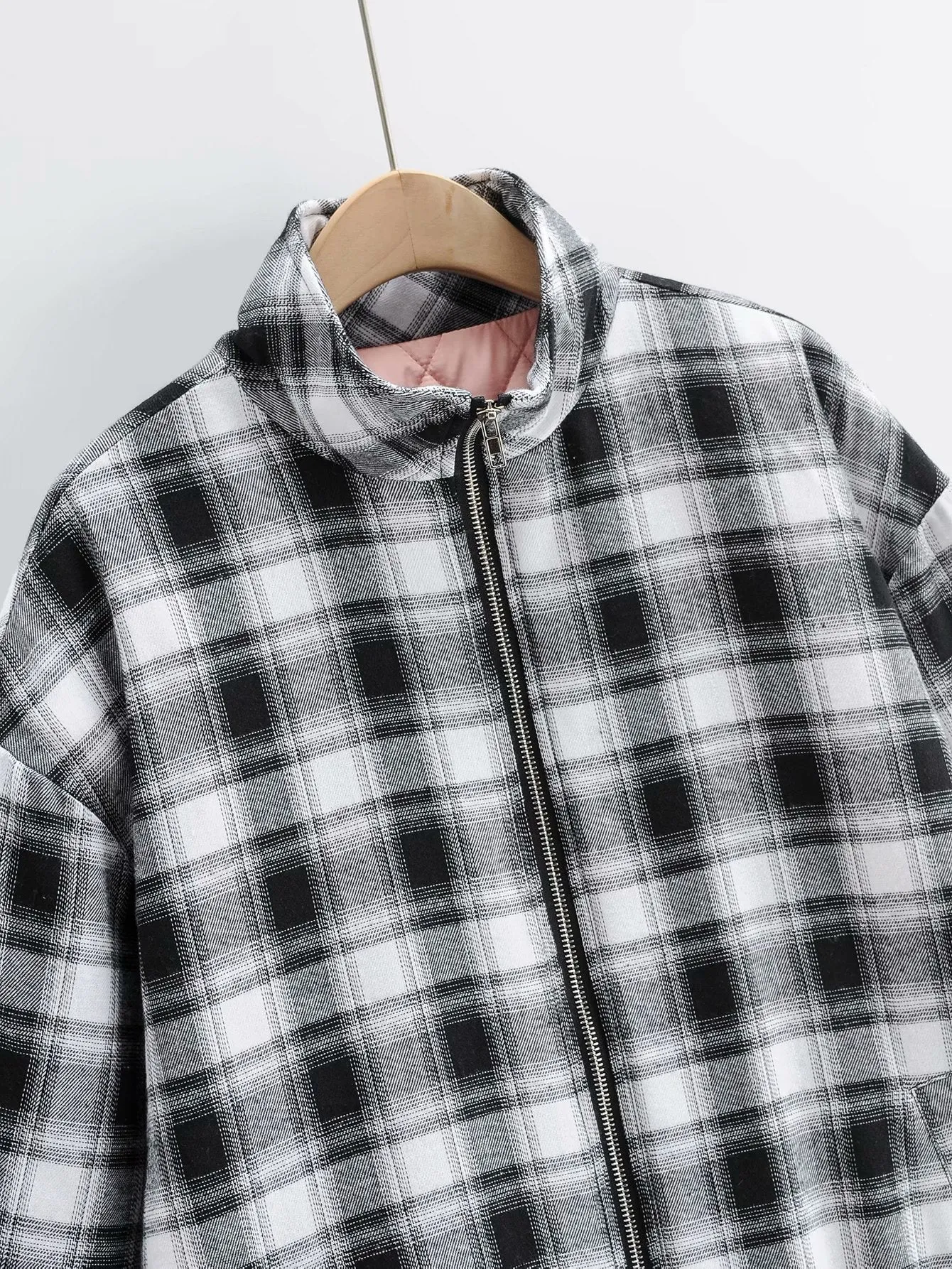 Zipper Stand Collar Geometry Plaid Elastic Sleeves Outerwear